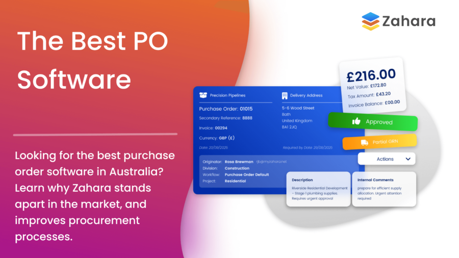 Promotional image for Zahara, spotlighting the best PO software to automate accounts payable, featuring sleek interface elements and detailed pricing info.