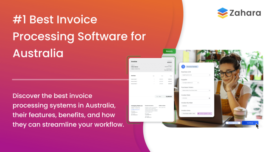 Ad for an advanced best invoice processing software showcases a woman at her desk, surrounded by seamless digital invoice displays. Highlighting features and benefits tailored for Australia, this is the ultimate solution to streamline your financial workflow.